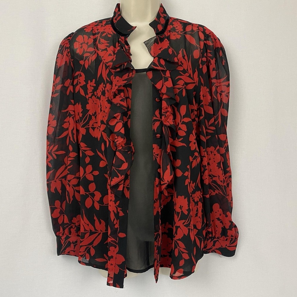 Chicos Ruffle Blouse & Tank Set Size 2 / L Black Red Semi Sheer Floral Romantic